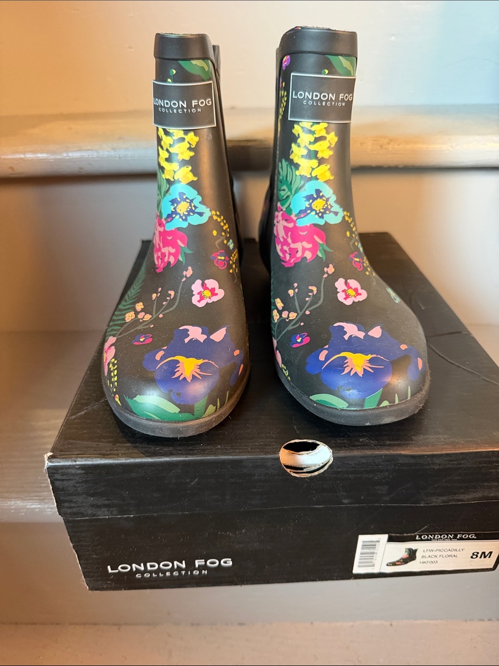 London Fog Black Floral Rain Ankle Boots